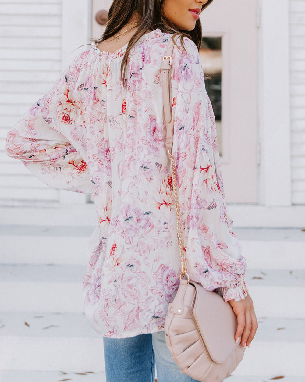 Vibrant Floral Printed Ruffle Trim Blouse