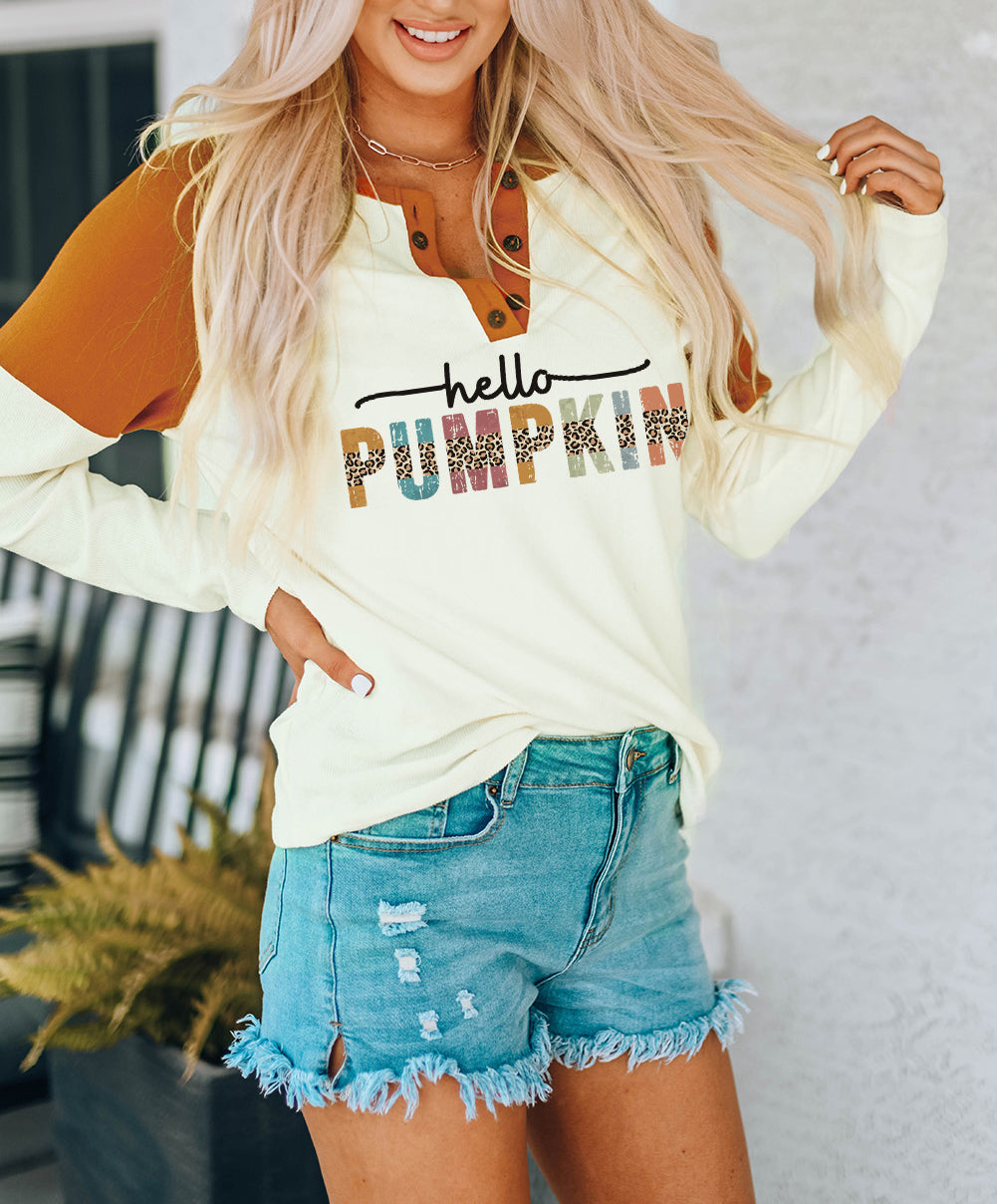 Hello Pumpkin Graphic Colorblock Henley Top