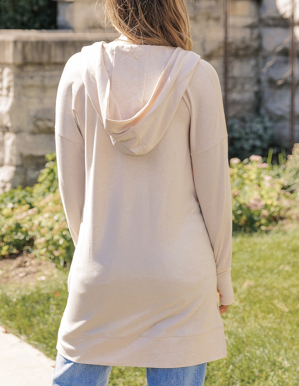 Open Front Hooded Long Cardigan with Slits