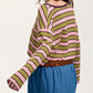 Clashing Stripes Waffle Texture Notched Neck Long Sleeve Top