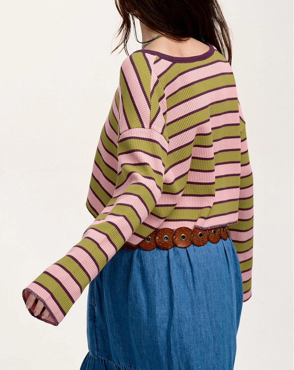 Clashing Stripes Waffle Texture Notched Neck Long Sleeve Top