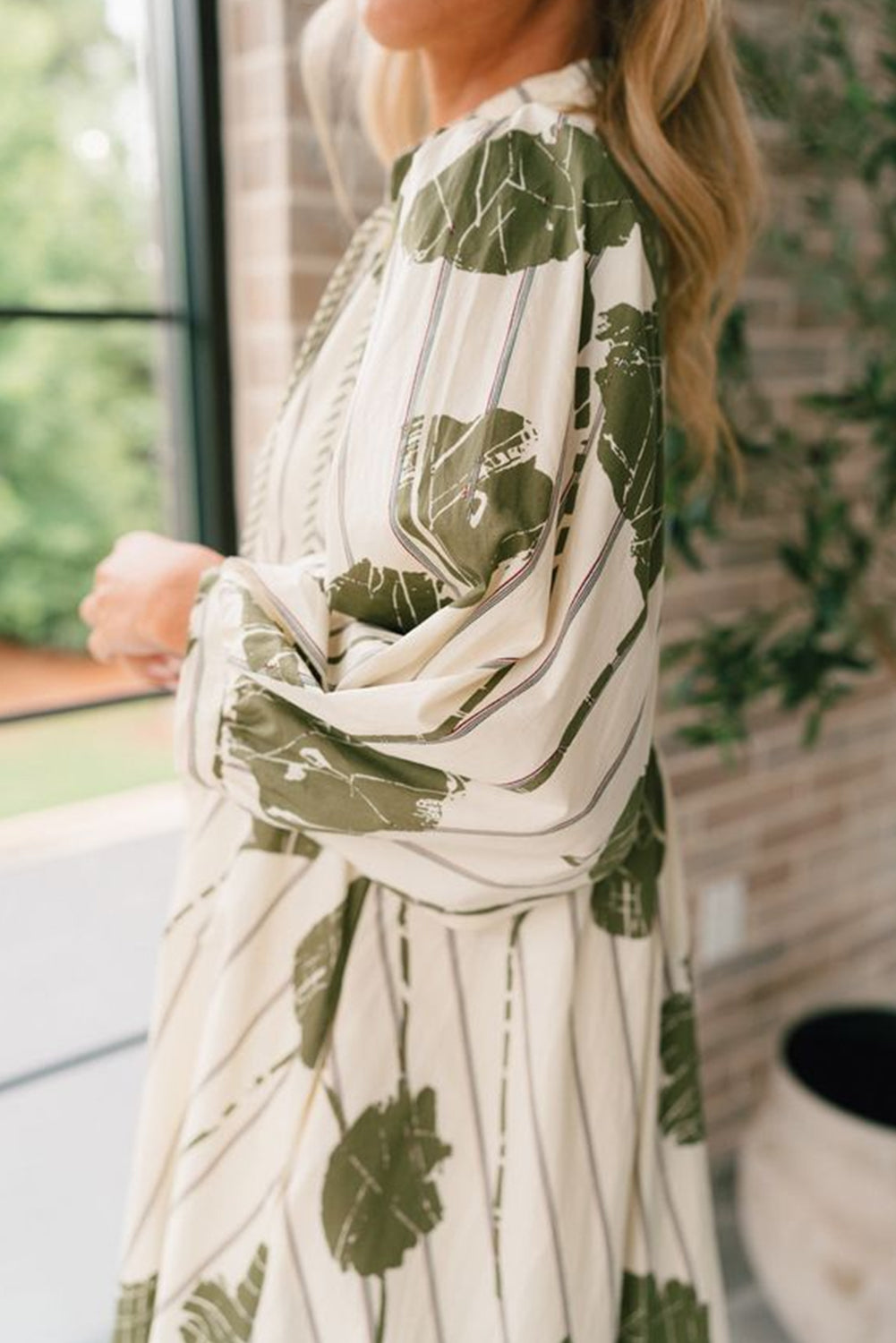 Floral Striped Print Contrast Piping Puff Sleeve Dress