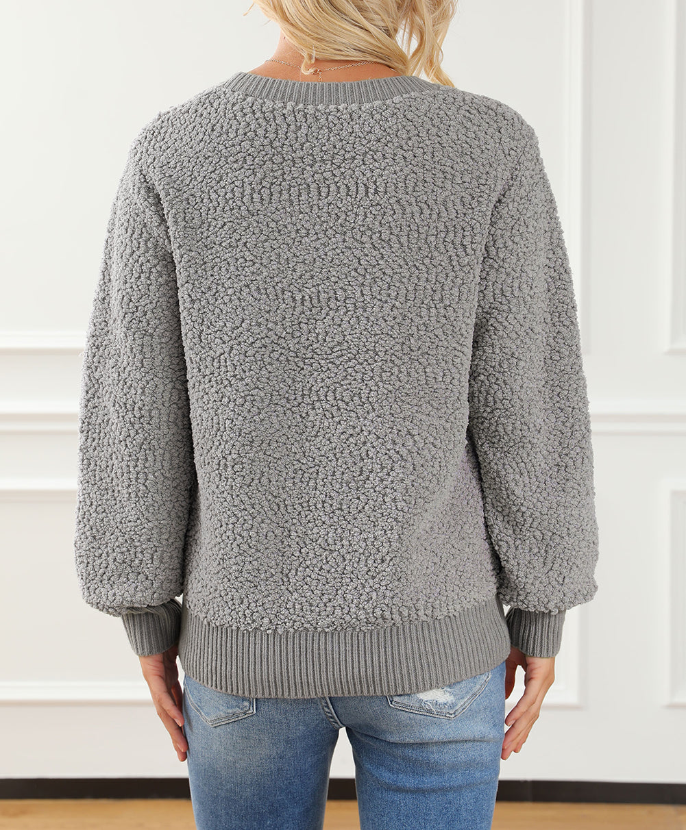 Double Pockets Ribbed Trim Popcorn Knit Sweater