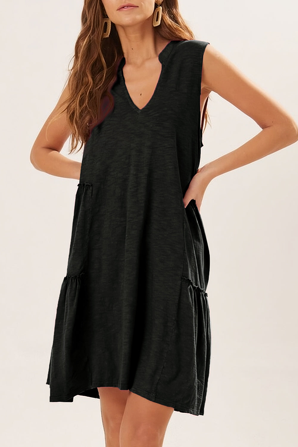 Split V Neck Tiered Flowy Sleeveless Dress