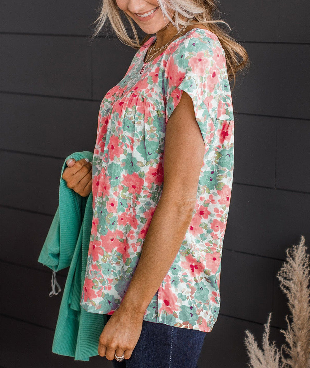 Floral Print Keyhole Back Short Sleeve Babydoll Blouse