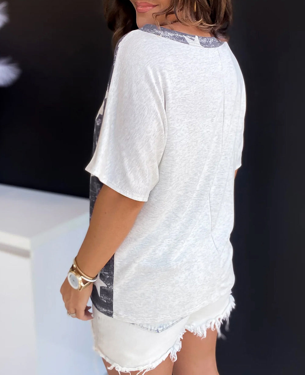 Colorblock Star Printed V Neck T Shirt