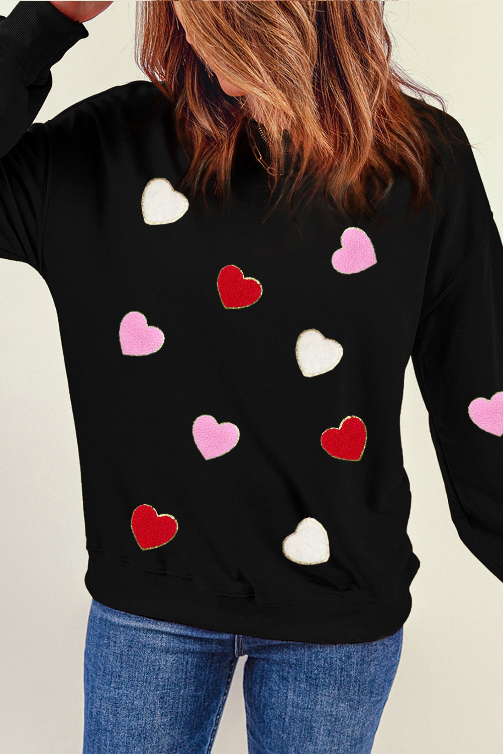 Heart Shaped Chenille Embroidered Crew Neck Sweatshirt