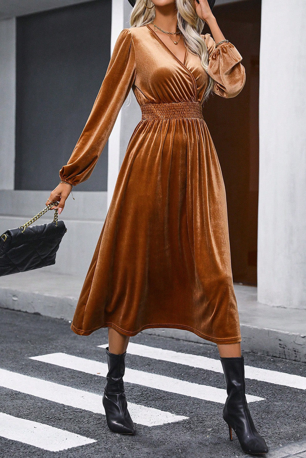 Wrap V Neck Smocked High Waist Velvet Midi Dress