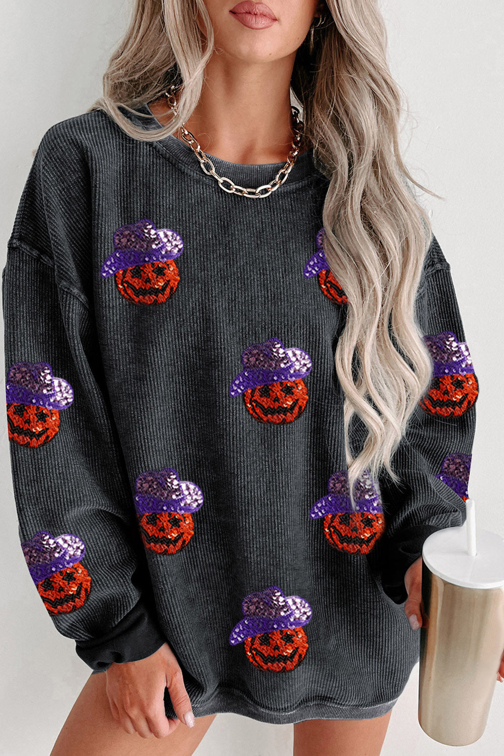 Sequined Halloween Pumpkin Ribbed Oversized Sweatshirt