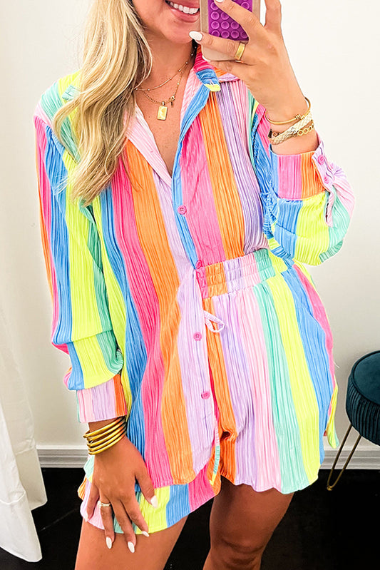 Rainbow Stripe Crinckle Shirt and Shorts Outfit
