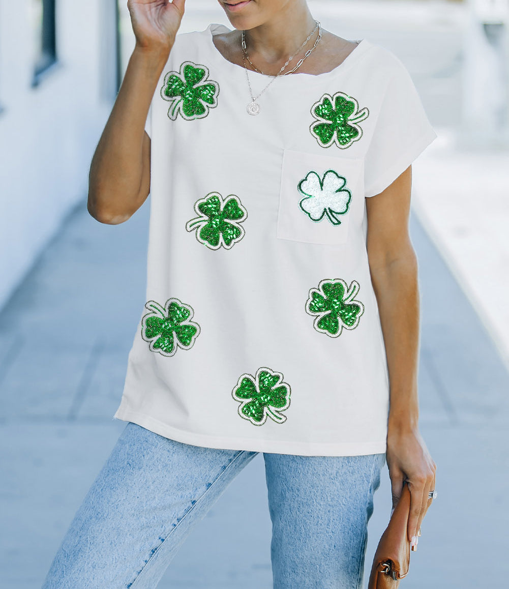 Sequin St Patrick Clover Patch Pocket Loose Tee