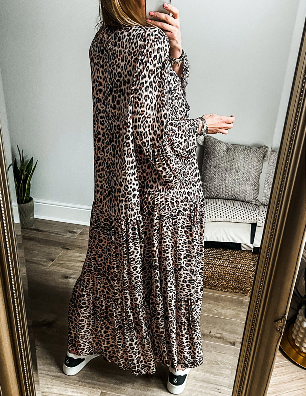 Leopard Print Tiered Wide Sleeve Maxi Dress