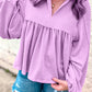 Corded Turn-down V Neck Bubble Sleeve Babydoll Blouse