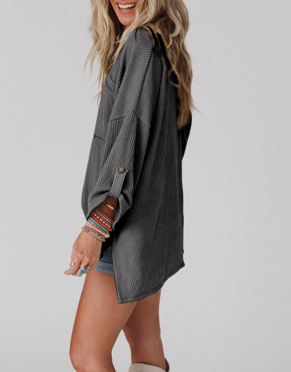 Ribbed Roll-tab Sleeve Chest Pocket Oversize Top