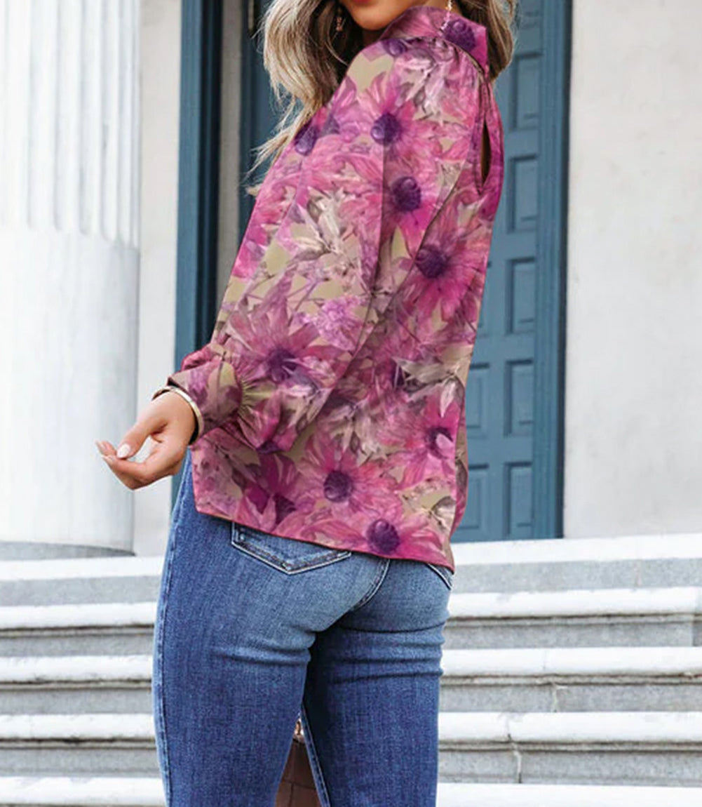 Twist Cutout Neck Floral Puff Sleeve Blouse