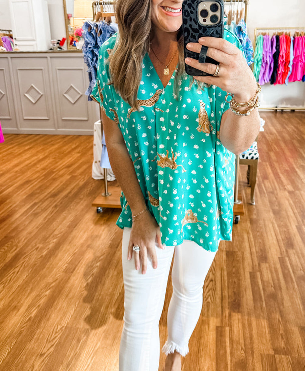 Cheetah Print V Neck Short Sleeve Plus Top