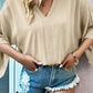 Solid V Neck Wide Sleeve Crinkled Blouse