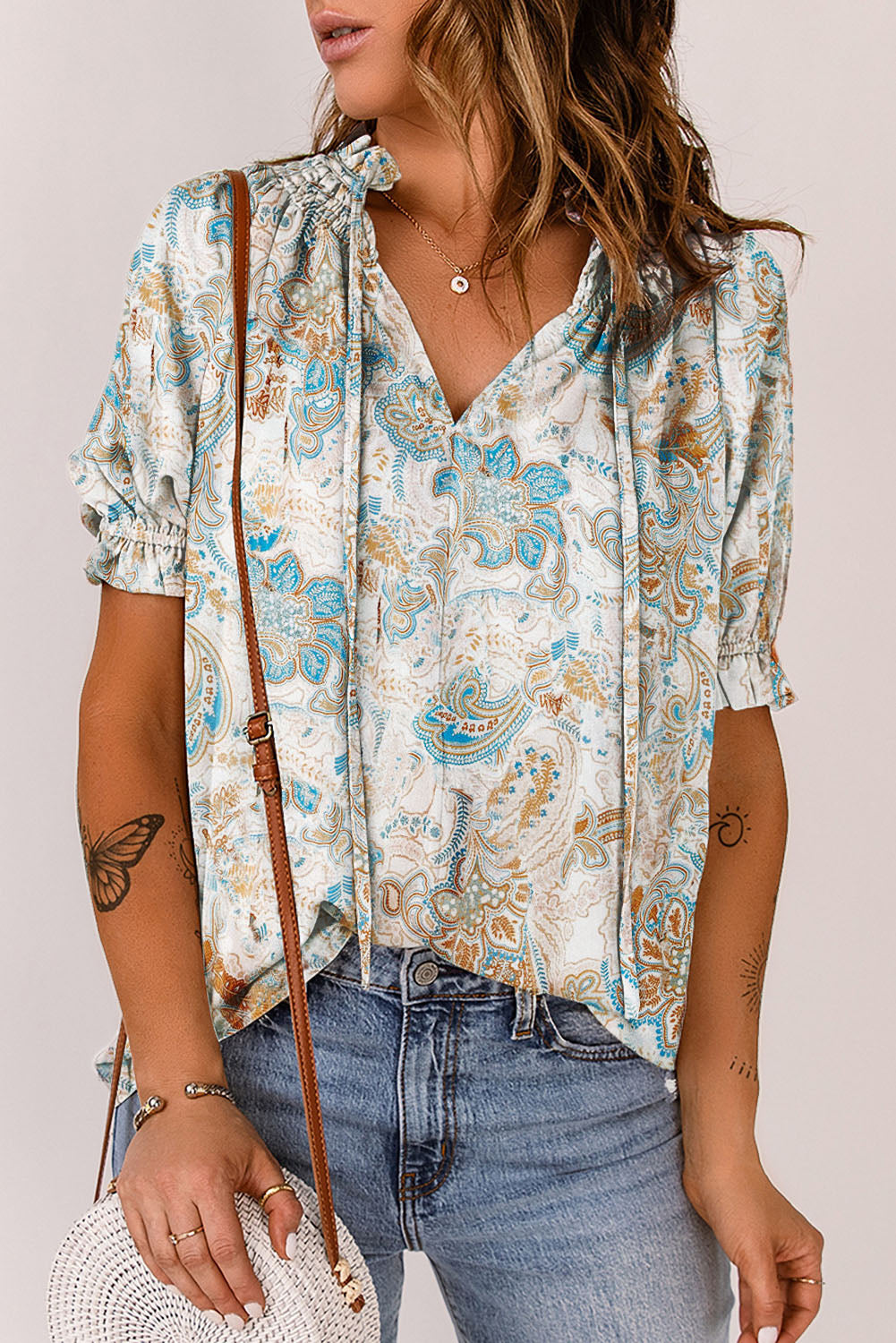 Paisley Pattern Print Drawstring V Neck Blouse