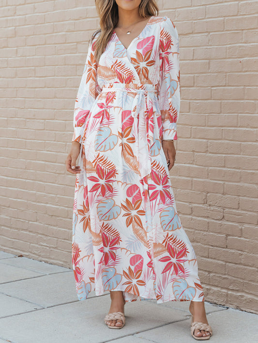 Tropical Plant Print Long Sleeve Wrap V-Neck Slit Maxi Dress