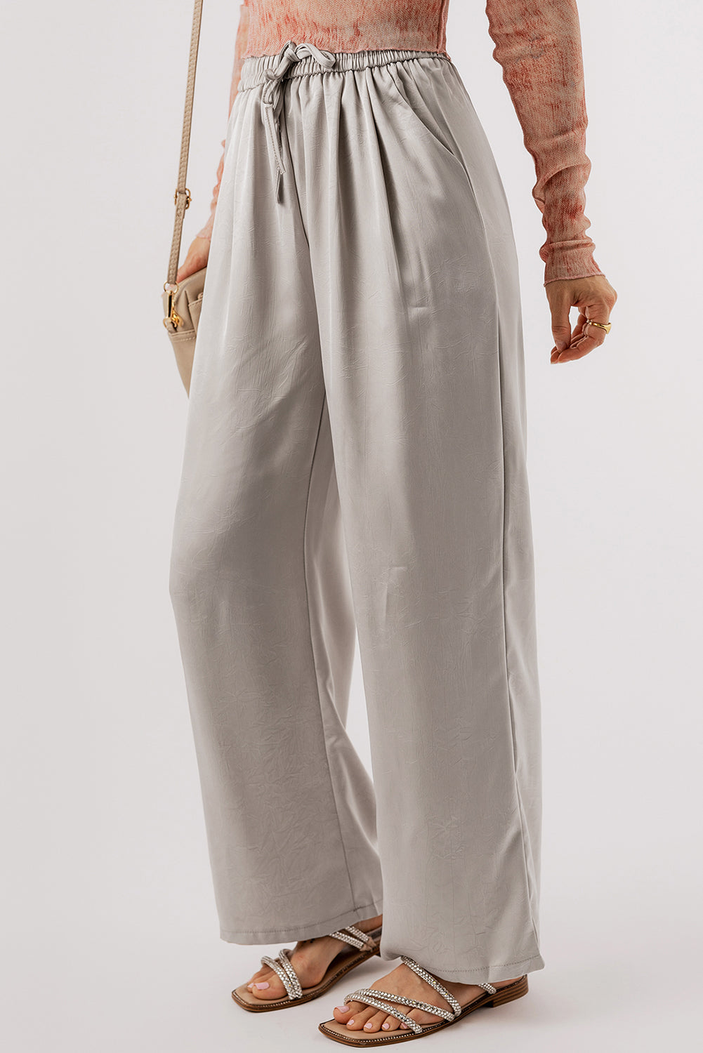 Solid Pleated Lace-up High Waist Wide Leg Pants