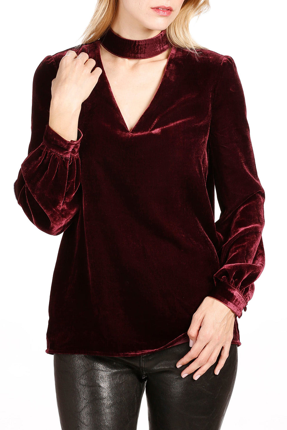 Choker Neck Hollow-out Velvet Blouse