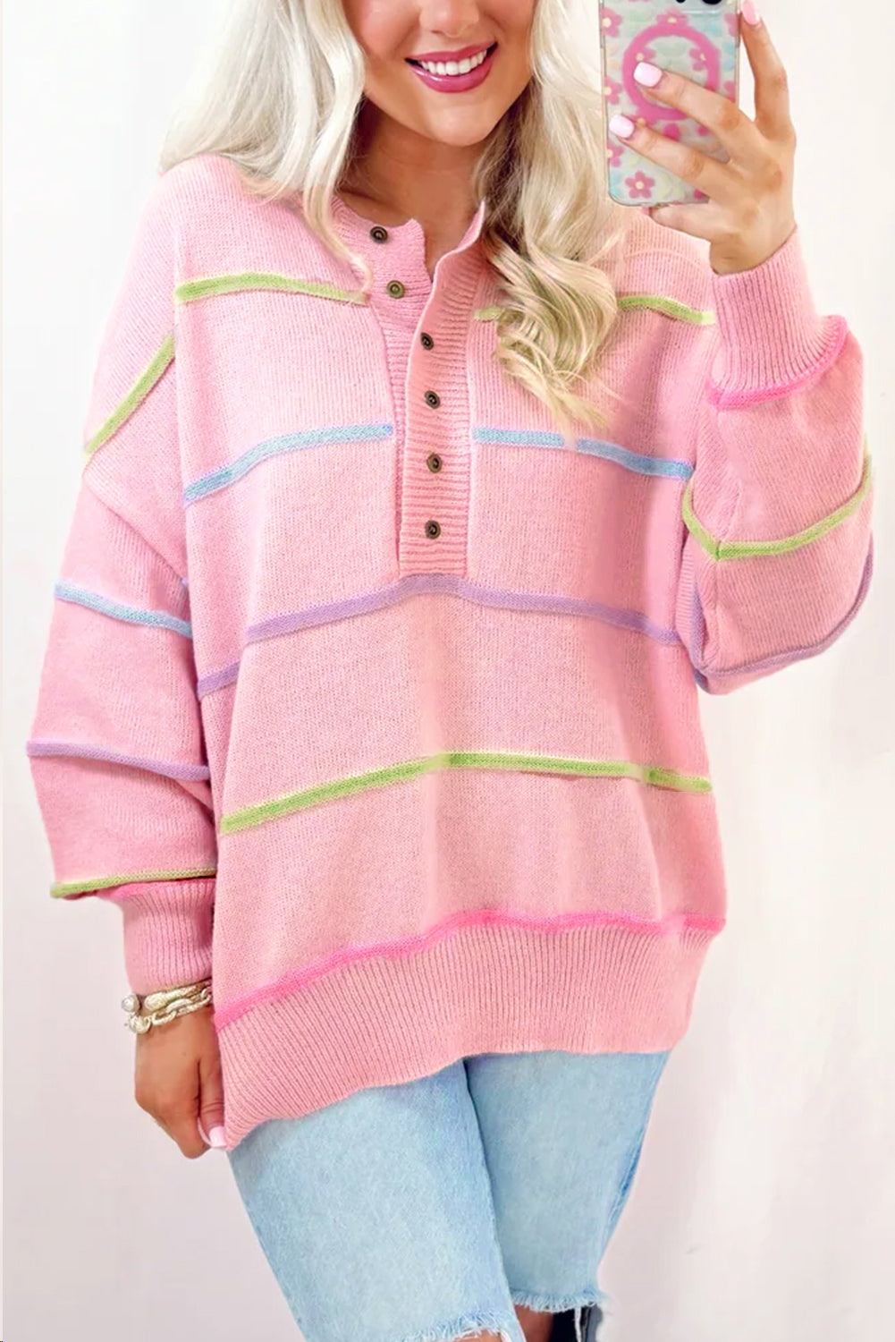 Rainbow Stripes Drop Shoulder Baggy Henley Sweater