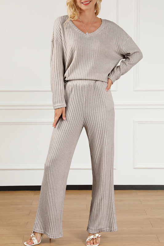 Ribbed Knit V Neck Slouchy Two-piece Outfit