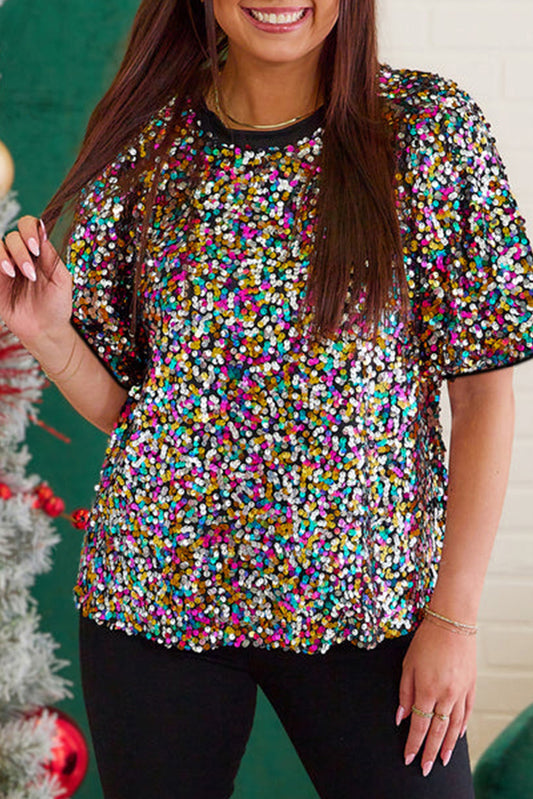 Vibrant Sequin Plus Size Short Sleeve Top