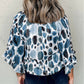 Metallic Threading Accents Pleated Abstract Printed Ruffled 3/4 Sleeve Blouse