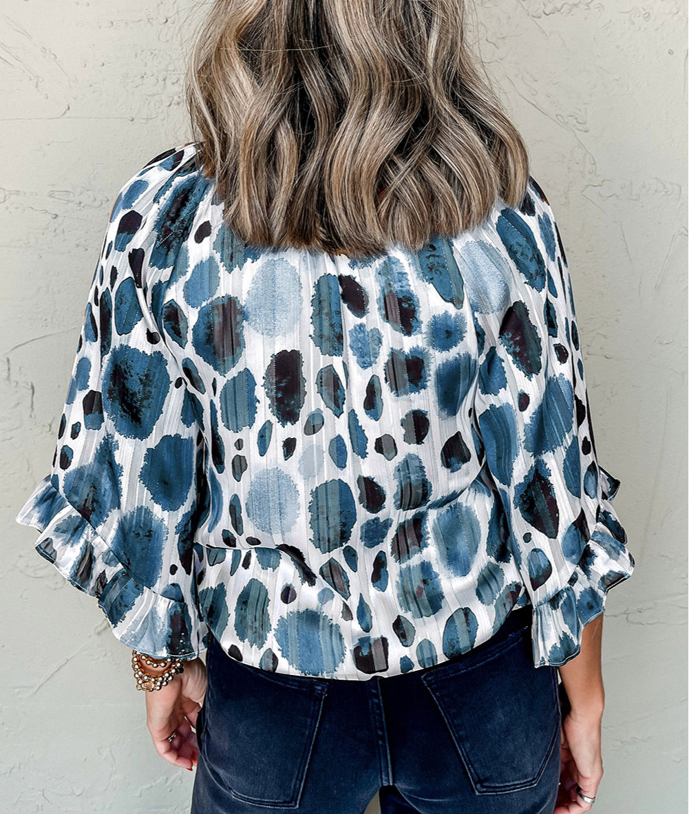 Metallic Threading Accents Pleated Abstract Printed Ruffled 3/4 Sleeve Blouse