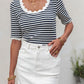 Striped Contrast Scallop Trim Half Sleeve T-shirt