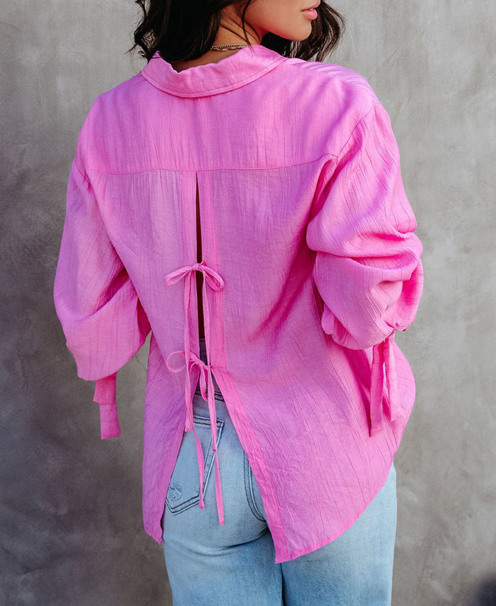 Split Back Tie Knot Buttoned Long Sleeve Shirt