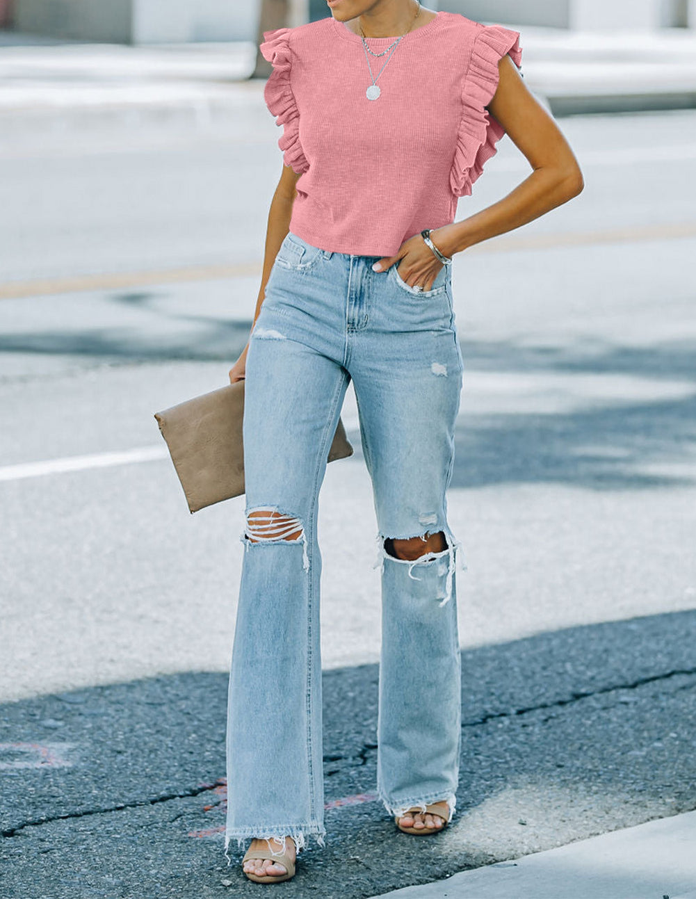 Ruffled Crew Neck Crop Top