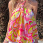 Abstract Floral Print Knotted Halter Tank Top