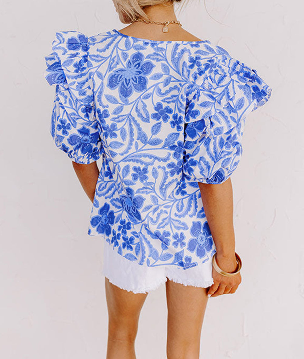 Floral Print Ruffled Bubble Sleeve Blouse