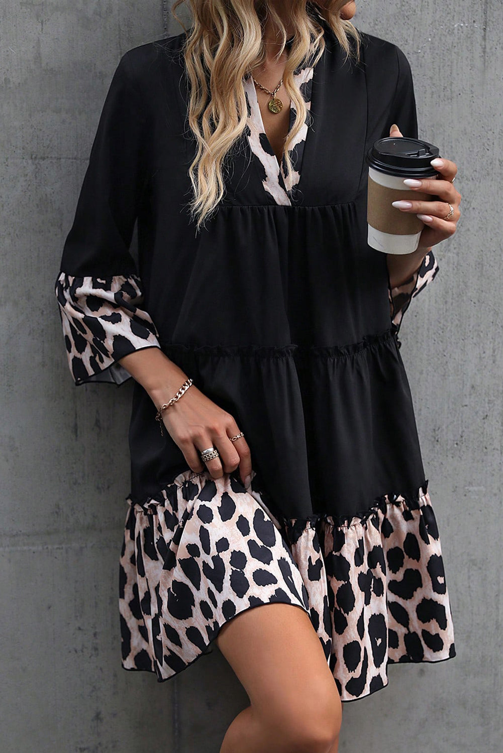 Leopard Trim V Neck Ruffled Sleeve Flared Dress