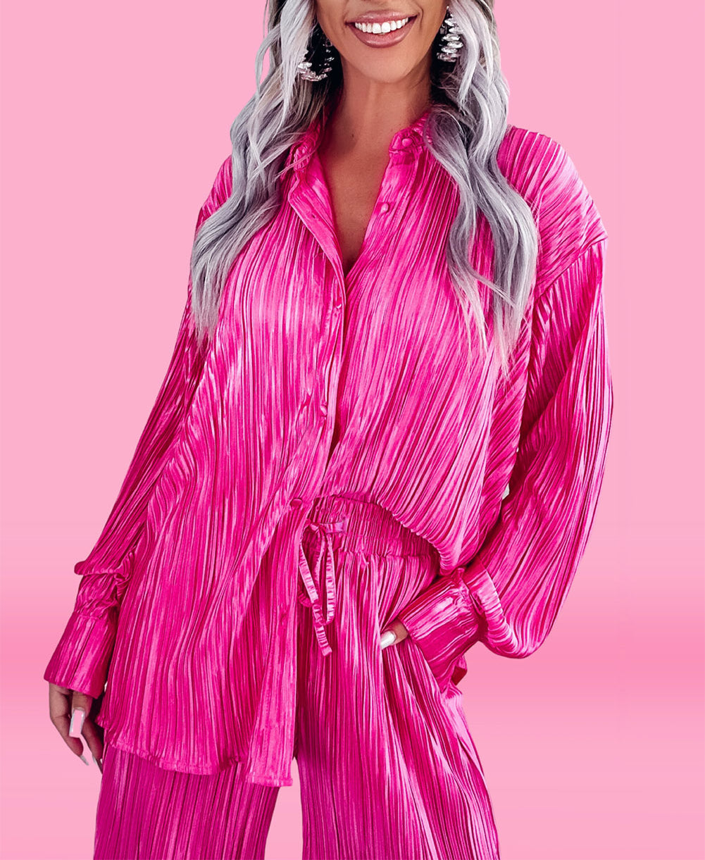 Pleated Long Sleeve Shirt and Wide-Leg Pants Set