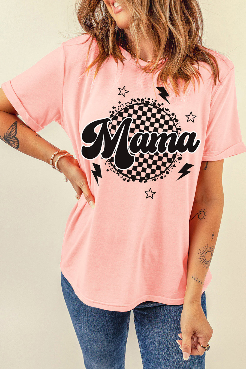 Mama Checkered Print Crew Neck T Shirt