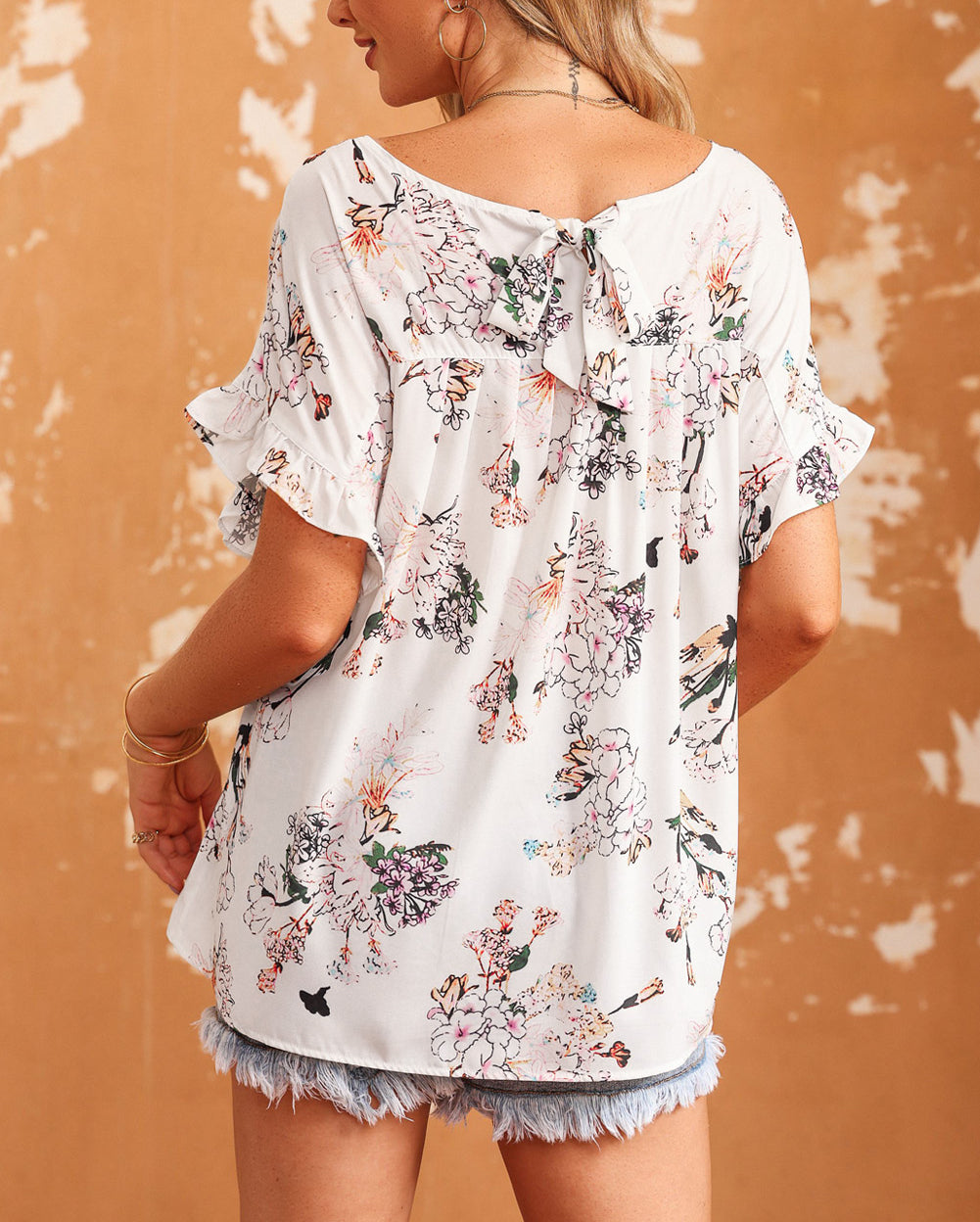 Floral Ruffled Short Sleeve Back Knot Blouse