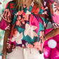 Floral Print Puff Sleeve Notched V Neck Blouse
