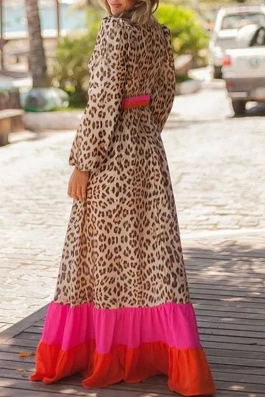 Leopard Color Block V Neck Loose Fit Maxi Dress