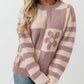 Checkered Floral Print Striped Sleeve Sweater