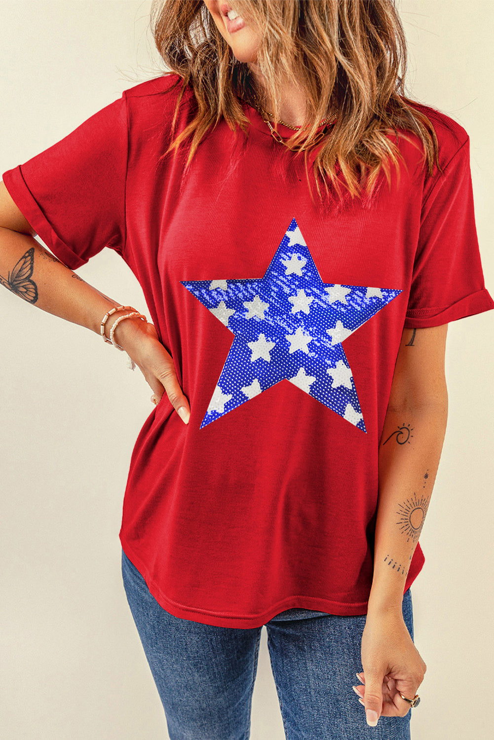 Sequin Star Graphic Crewneck T Shirt
