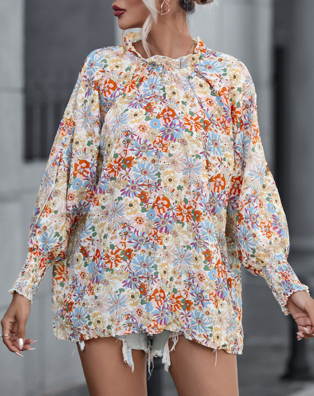Shirred Cuffs Bubble Sleeve Floral Blouse