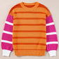 Stripe Colorblock Crew Neck Drop Shoulder Loose Sweater