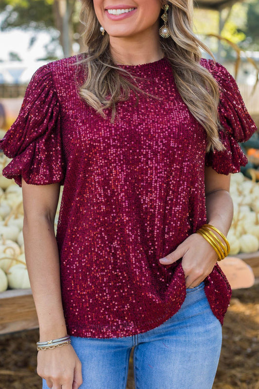 Glittering Sequin Short Bubble Sleeve Blouse