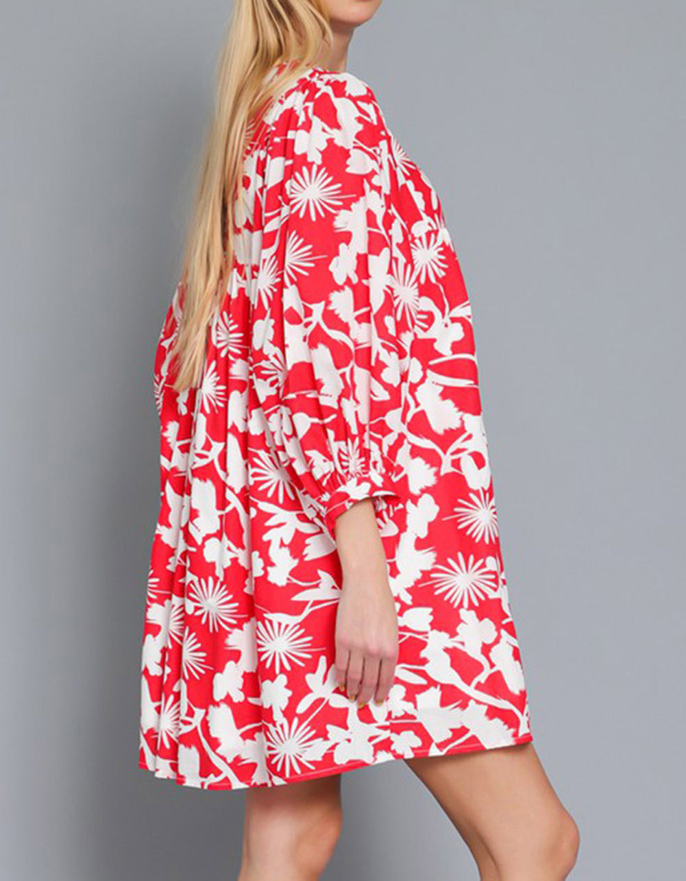 Floral Print Puff Sleeve Split Neck Babydoll Mini Dress