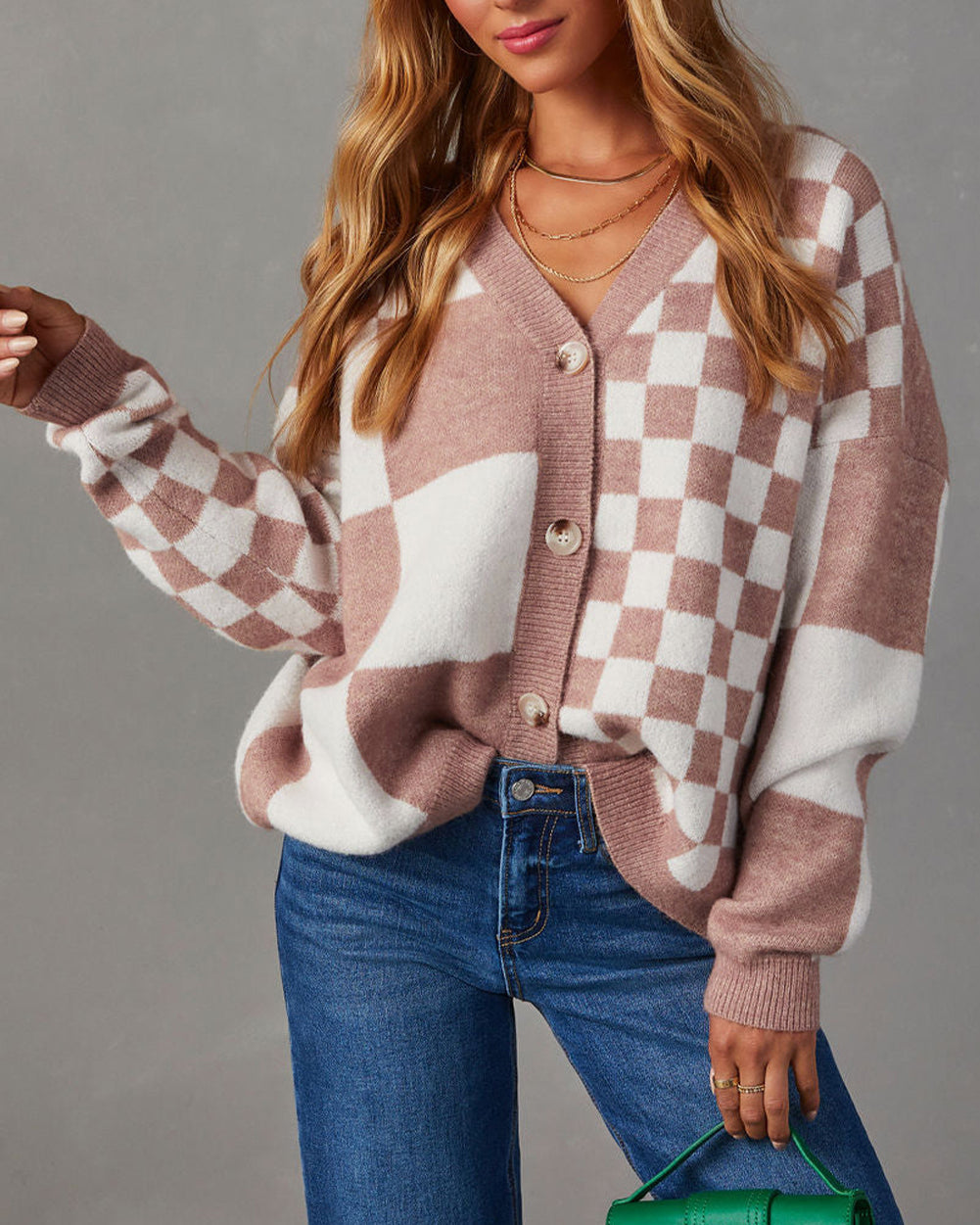 Mix Checkered Button V Neck Knitted Cardigan