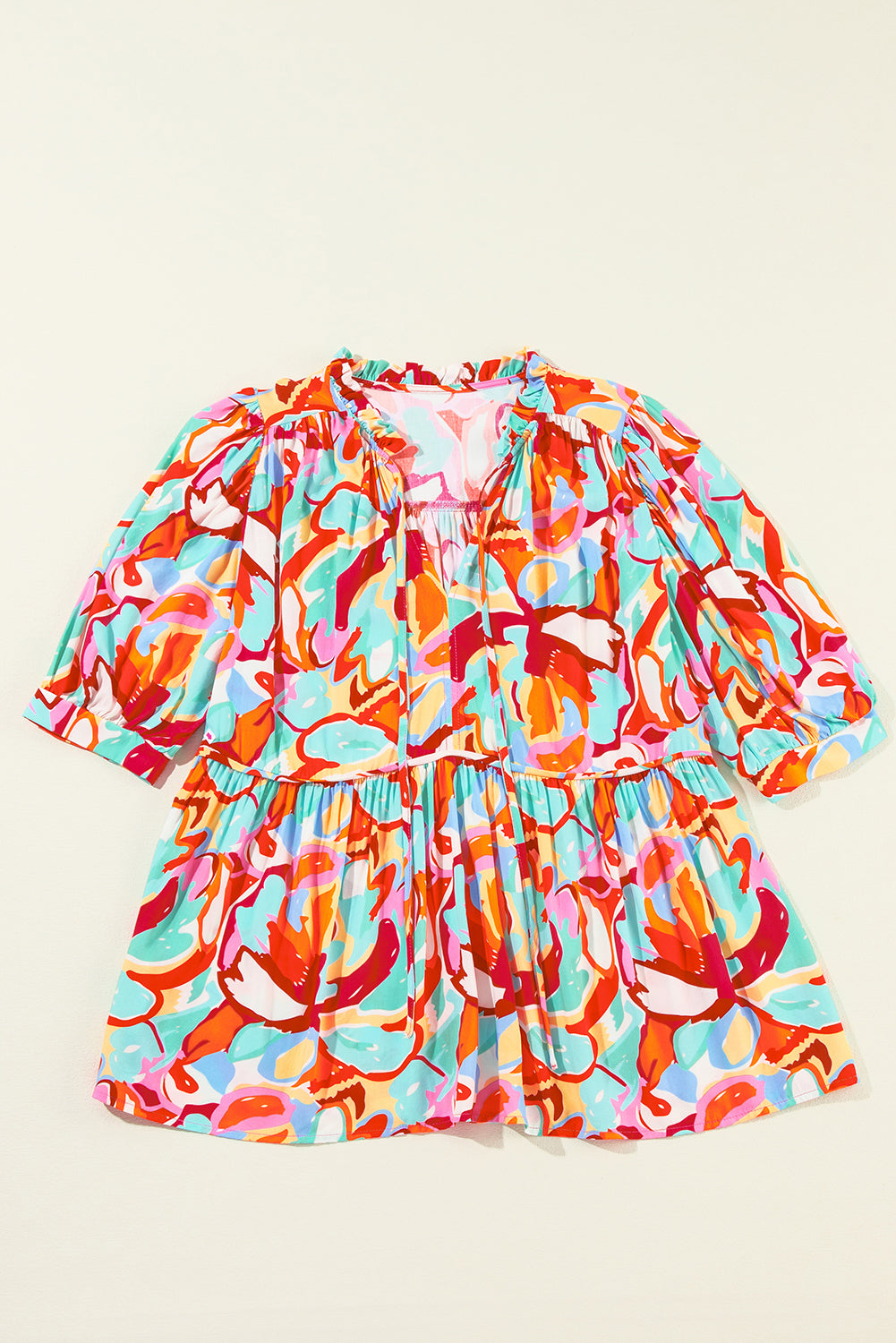 Abstract Print Drawstring V Neck Half Sleeve Blouse