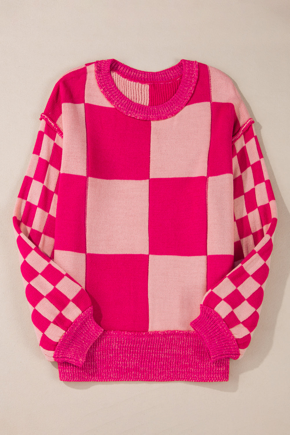 Mixed Checkered Pattern Drop Shoulder Loose Sweater